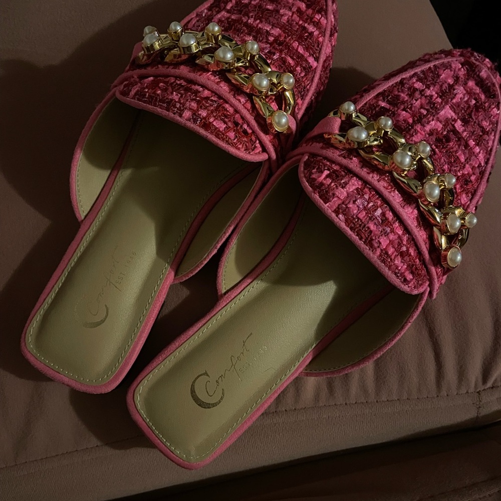 Pink Tweed Mules with Pearl Chain